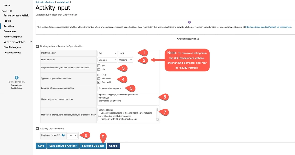 Screenshot of Faculty Portfolio page to update undergraduate research opportunities, with annotations for the nine questions/buttons to click, as described in the text, to update/enter an opportunity.