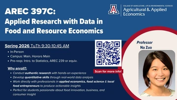 Image providing information about AREC397C, including a photo of Professor Na Zuo and a QR code to scan for more information.